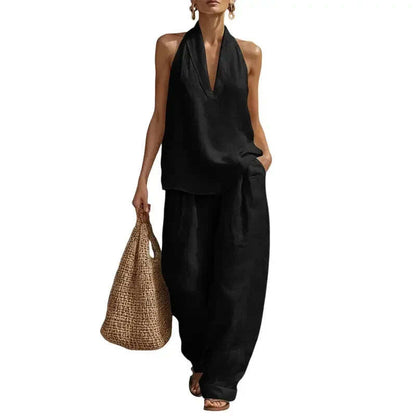 Halter Deep V Neck Two-Piece Wide Leg Pants Set