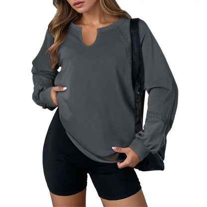 Notch V-Neck Lace Spliced Long Sleeve Sweatshirt