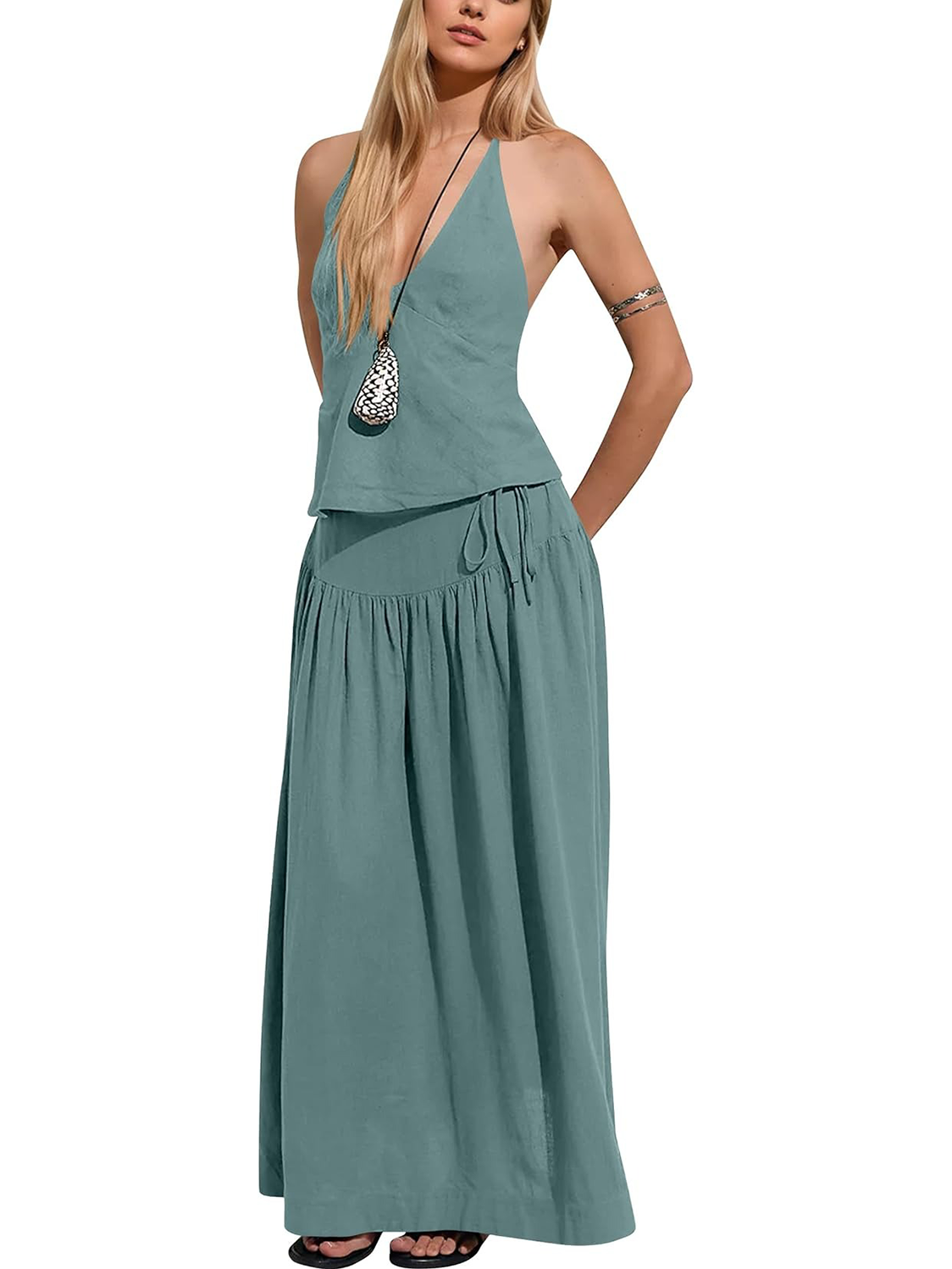 Women Backless Halter 2 Piece Set, Drawstring High Waist Flowy Maxi Skirt Co-ord