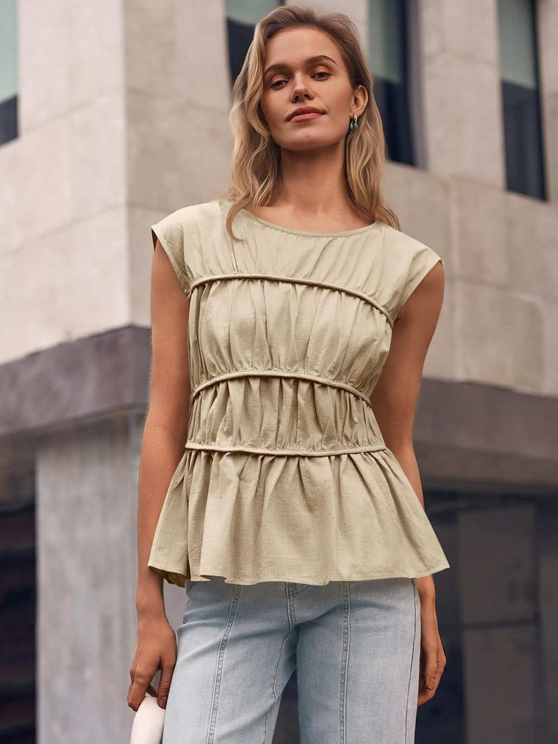 Women Cap Sleeve Smocked Peplum Babydoll Blouse Crew Neck Pleated Casual Top