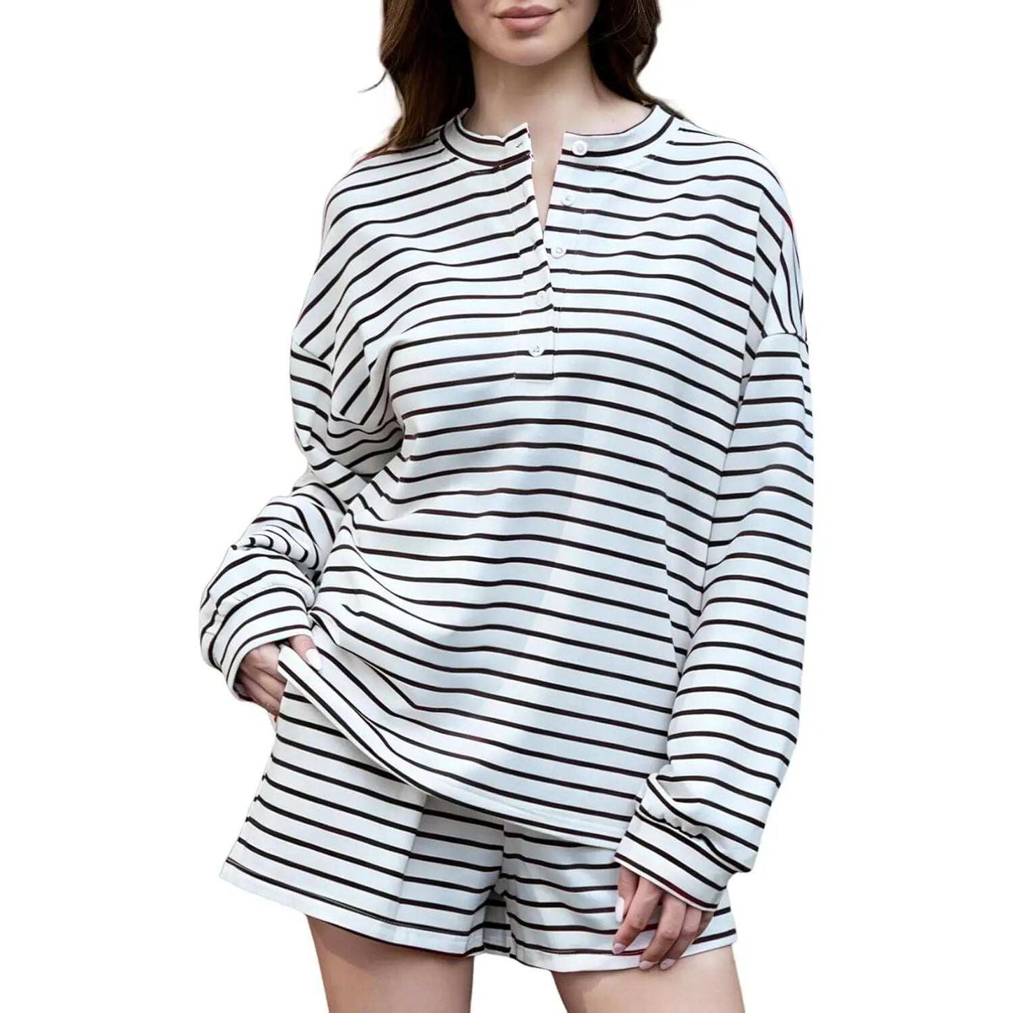 Striped Henley Neck Long Sleeve Top & Shorts Two Piece Set