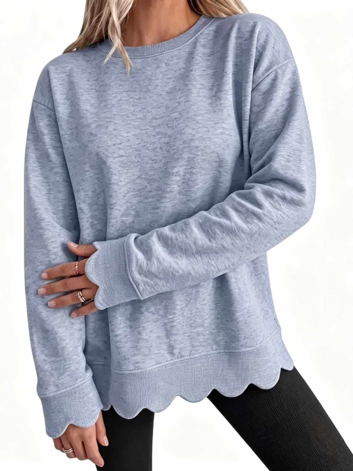 Women Crew Neck Oversized Long Sleeve Sweatshirt With Scallop Cuff And Hem