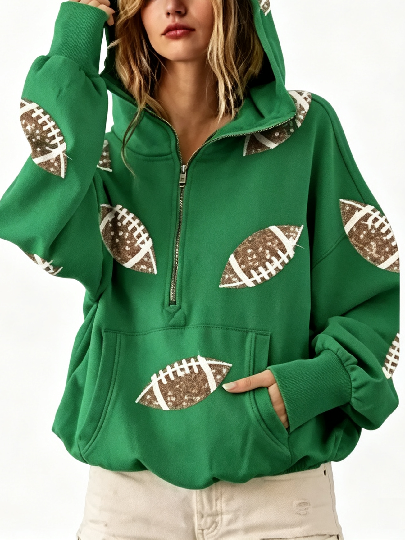 Sequin Football Print Half Zip Oversized Hoodie Game Day Casual Sweatshirt