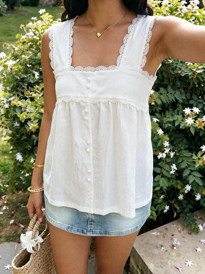 Square Neck Lace Trim Sleeveless Babydoll Tank Top