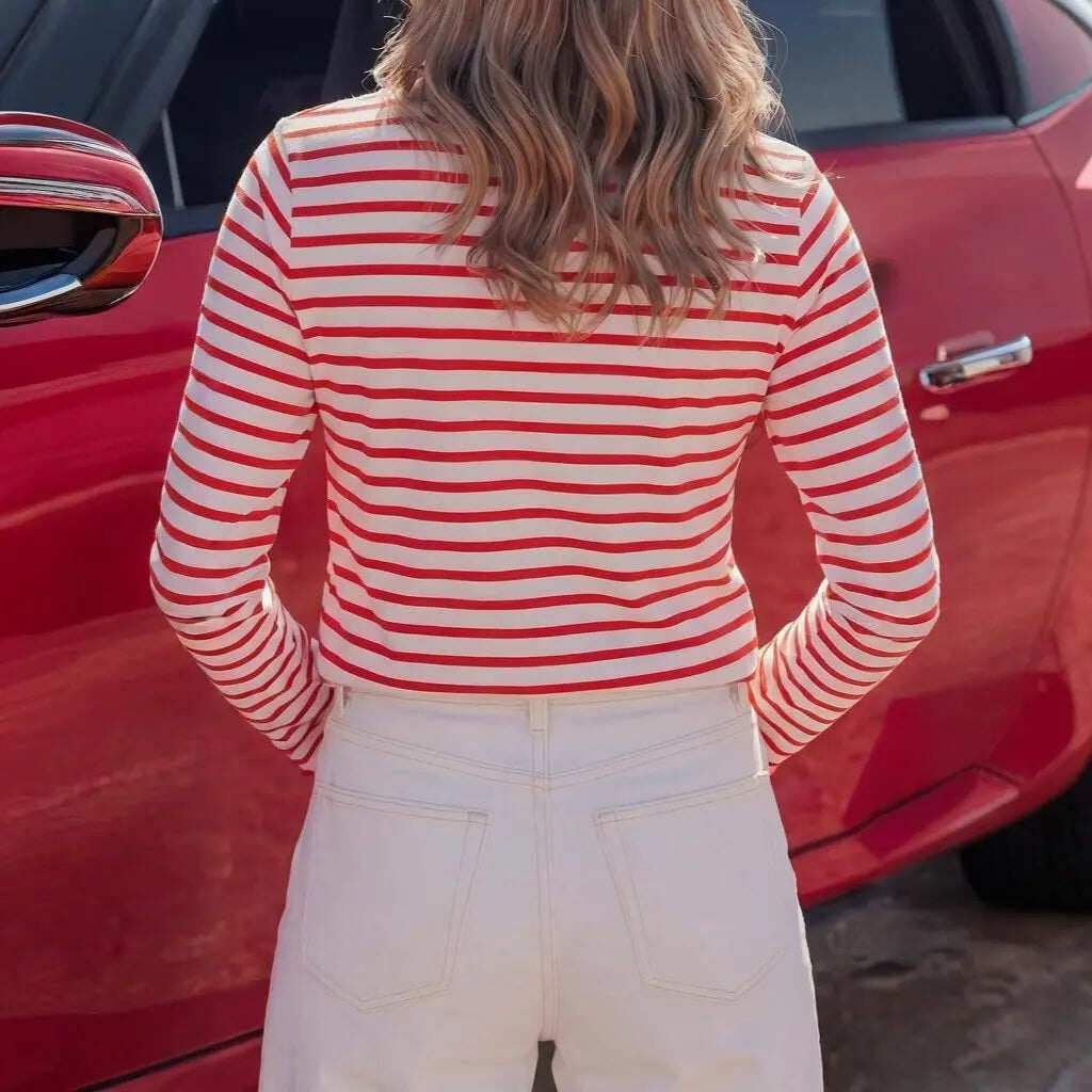 Scalloped Trim Crew Neck Striped Long Sleeve Top
