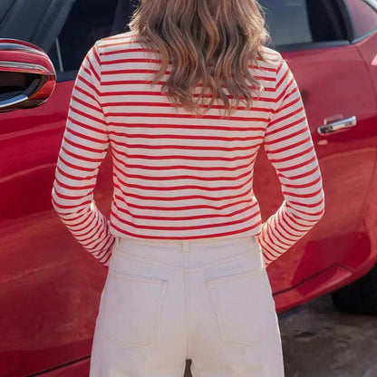 Scalloped Trim Crew Neck Striped Long Sleeve Top