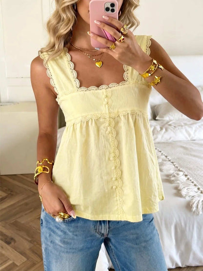 Square Neck Lace Trim Sleeveless Babydoll Tank Top
