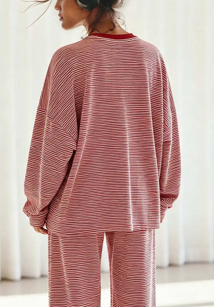 Striped Crew Neck Split Hem Top & Pants Two Piece Set