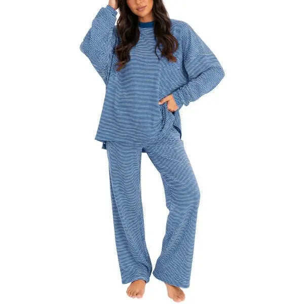 Striped Crew Neck Split Hem Top & Pants Two Piece Set