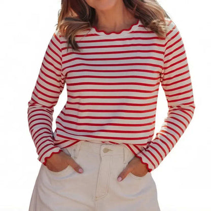 Scalloped Trim Crew Neck Striped Long Sleeve Top