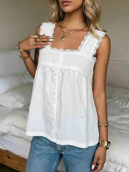 Square Neck Lace Trim Sleeveless Babydoll Tank Top