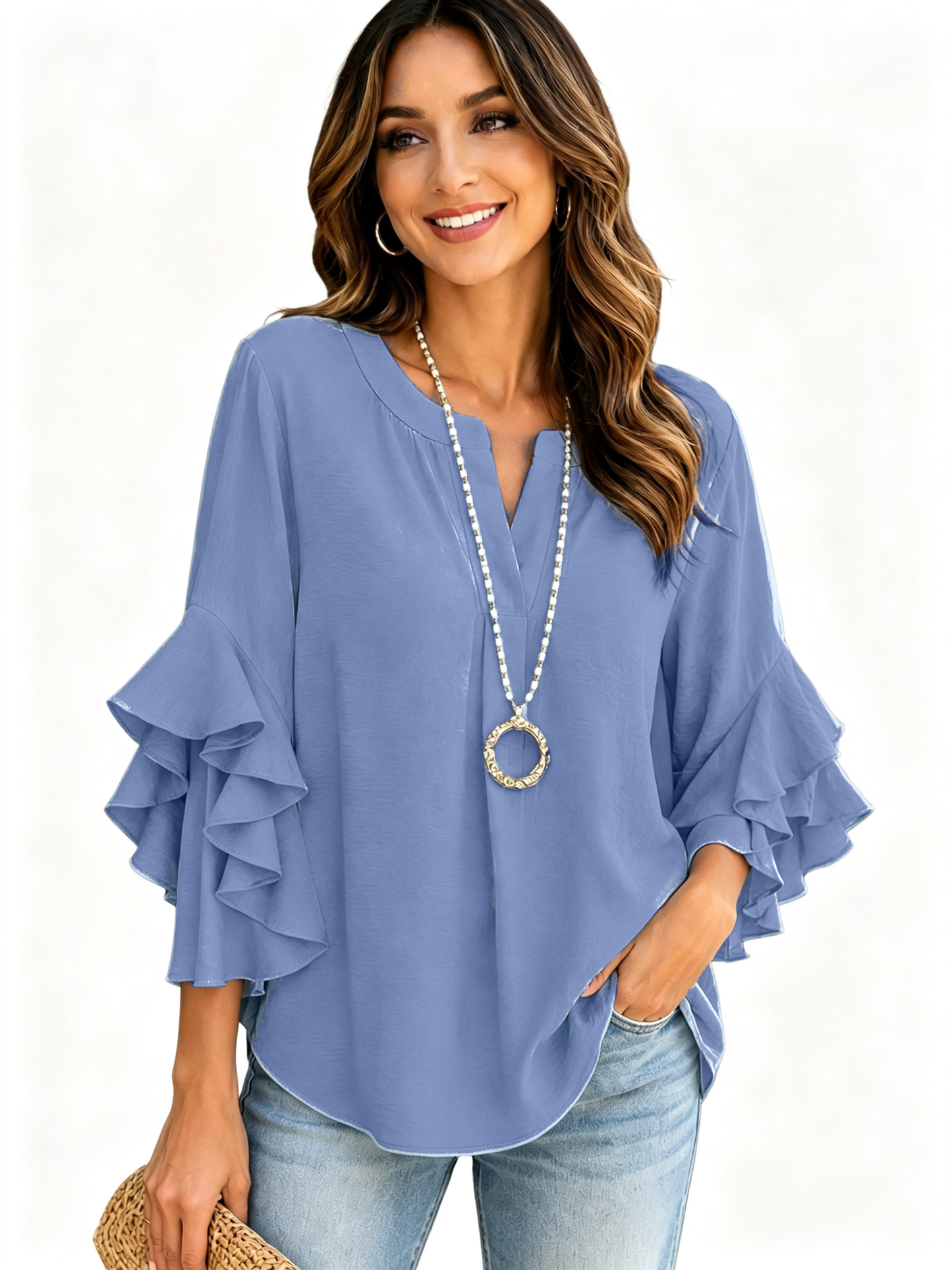 Elegant Ruffle Sleeve V Neck Blouse Solid Versatile Daily Office Shirt