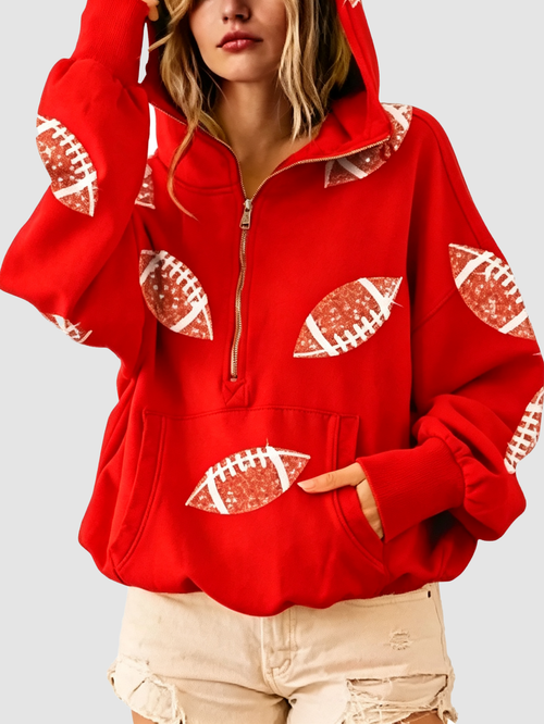 Sequin Football Print Half Zip Oversized Hoodie Game Day Casual Sweatshirt