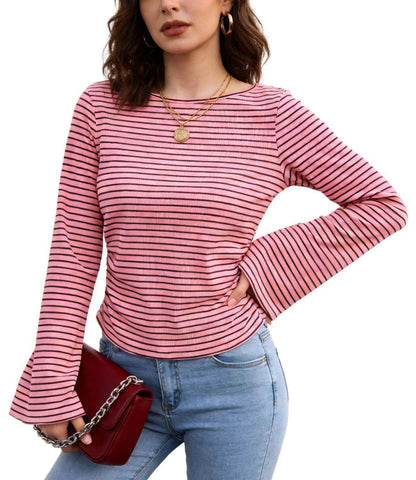 Crew Neck Striped Flare Long Sleeve Ribbed Top