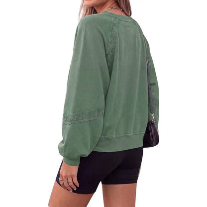 Notch V-Neck Lace Spliced Long Sleeve Sweatshirt