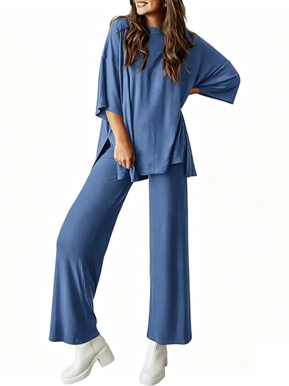 Loose Split Hem Top & Wide Leg Pants 2-Piece Casual Loungewear Set