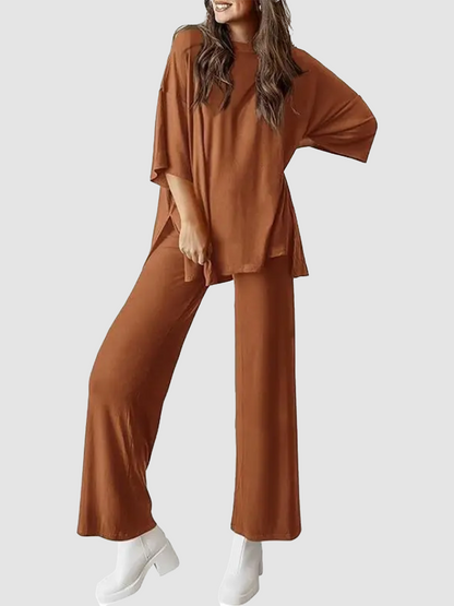Loose Split Hem Top & Wide Leg Pants 2-Piece Casual Loungewear Set