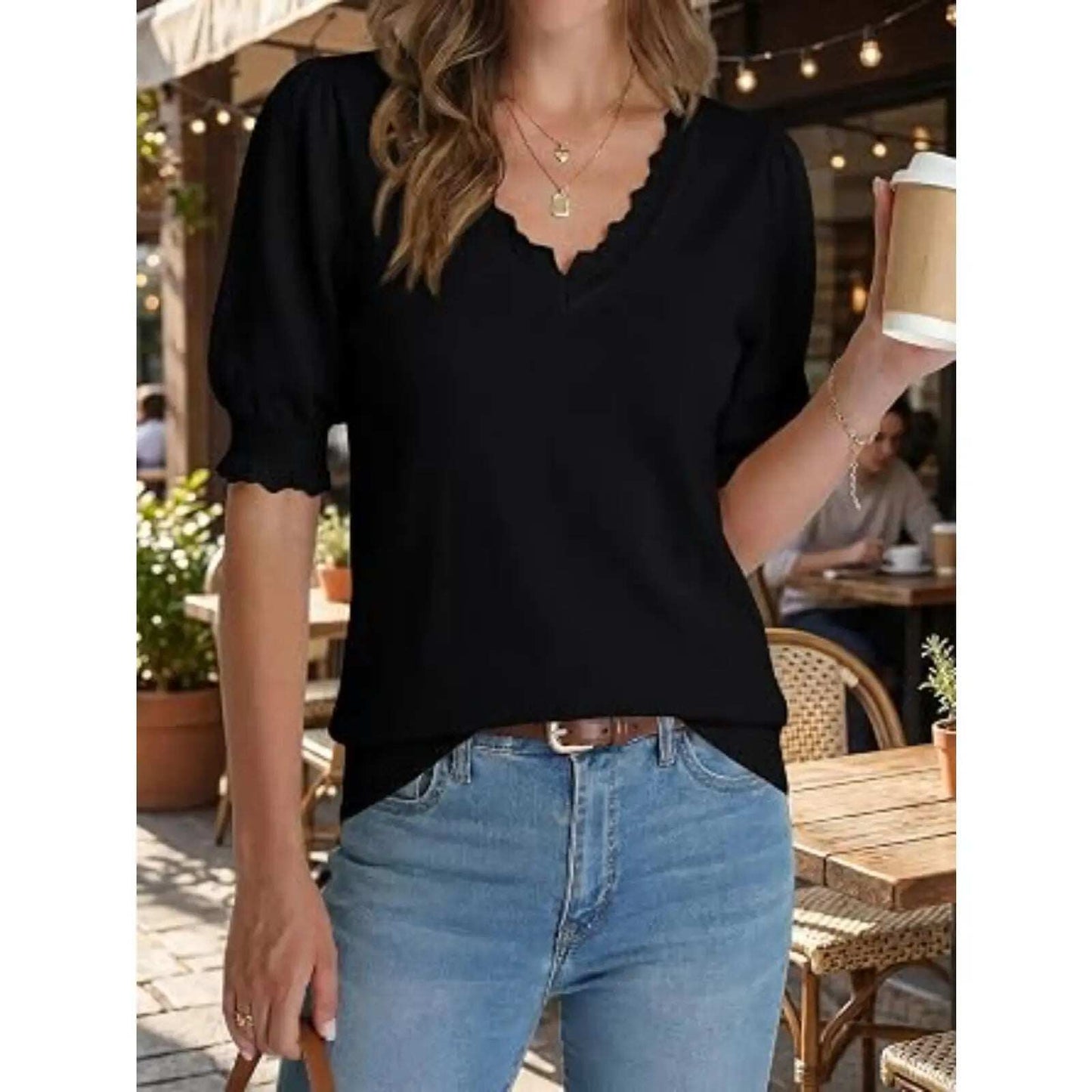Scalloped V Neck Puff Elbow Sleeve Knit Top