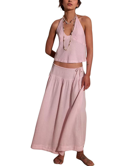 Women Backless Halter 2 Piece Set, Drawstring High Waist Flowy Maxi Skirt Co-ord