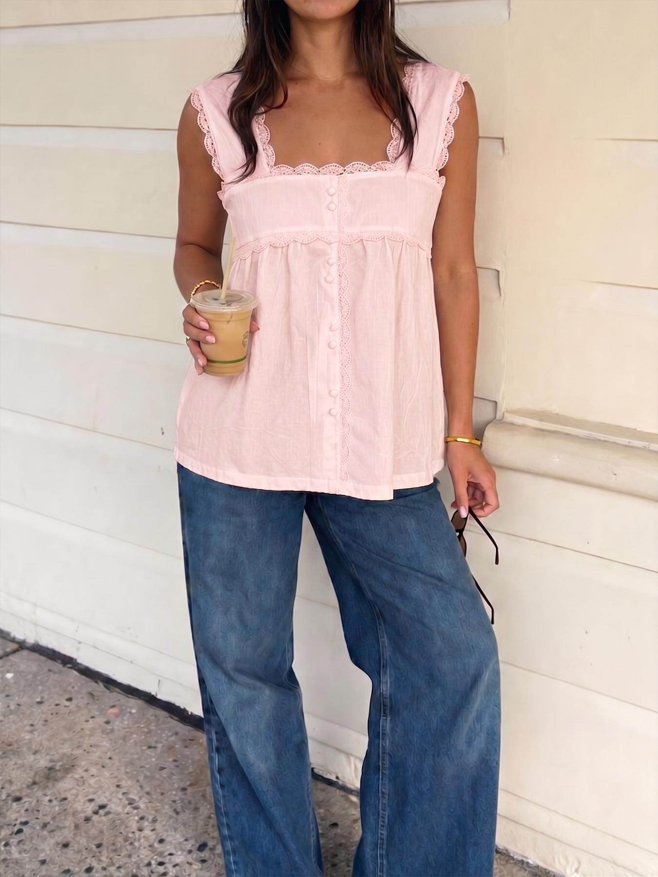 Square Neck Lace Trim Sleeveless Babydoll Tank Top