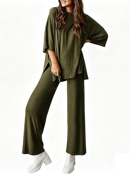 Loose Split Hem Top & Wide Leg Pants 2-Piece Casual Loungewear Set