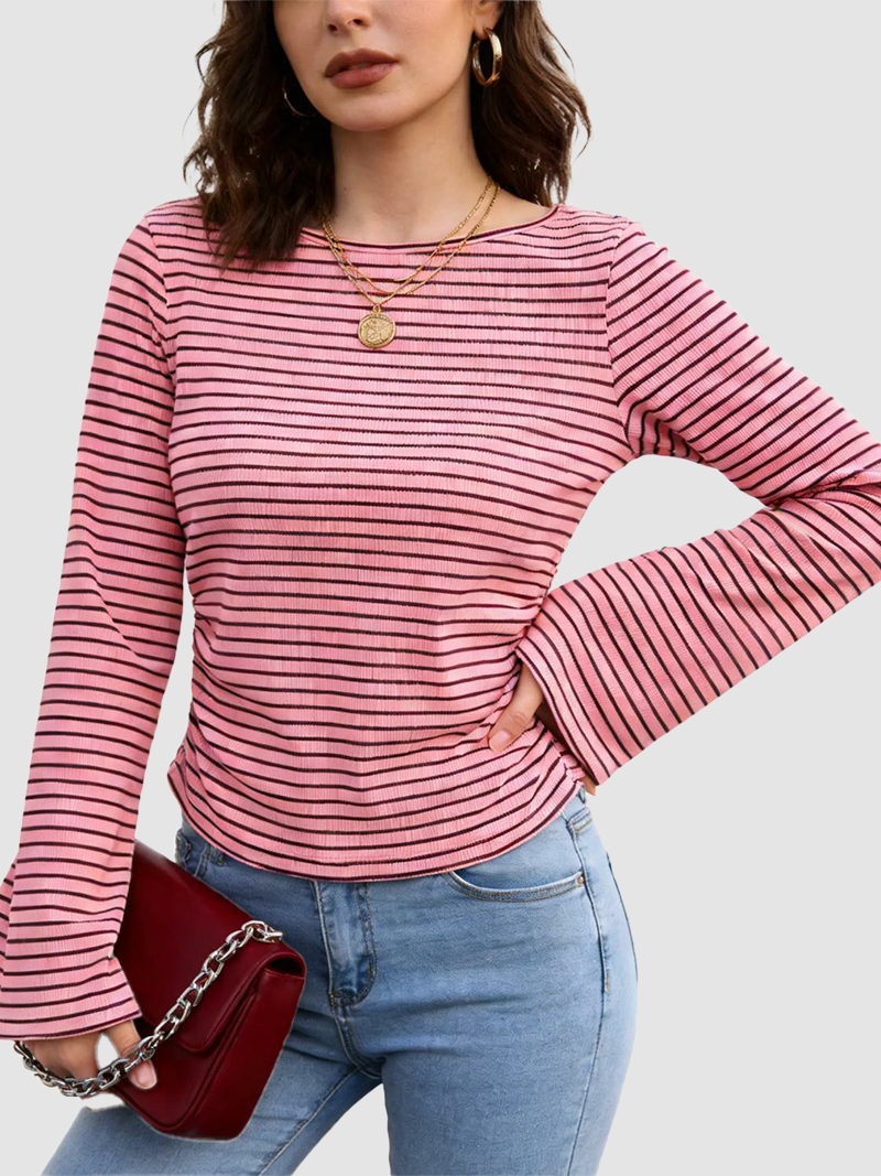 Crew Neck Striped Flare Long Sleeve Ribbed Top