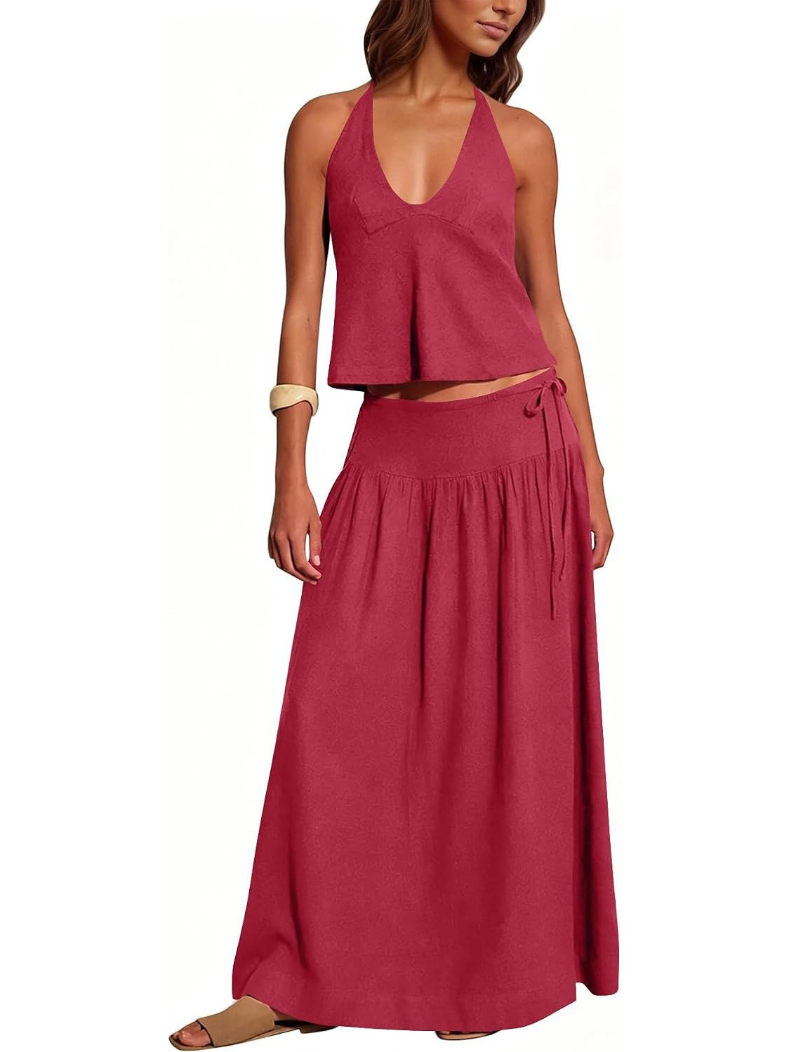 Women Backless Halter 2 Piece Set, Drawstring High Waist Flowy Maxi Skirt Co-ord