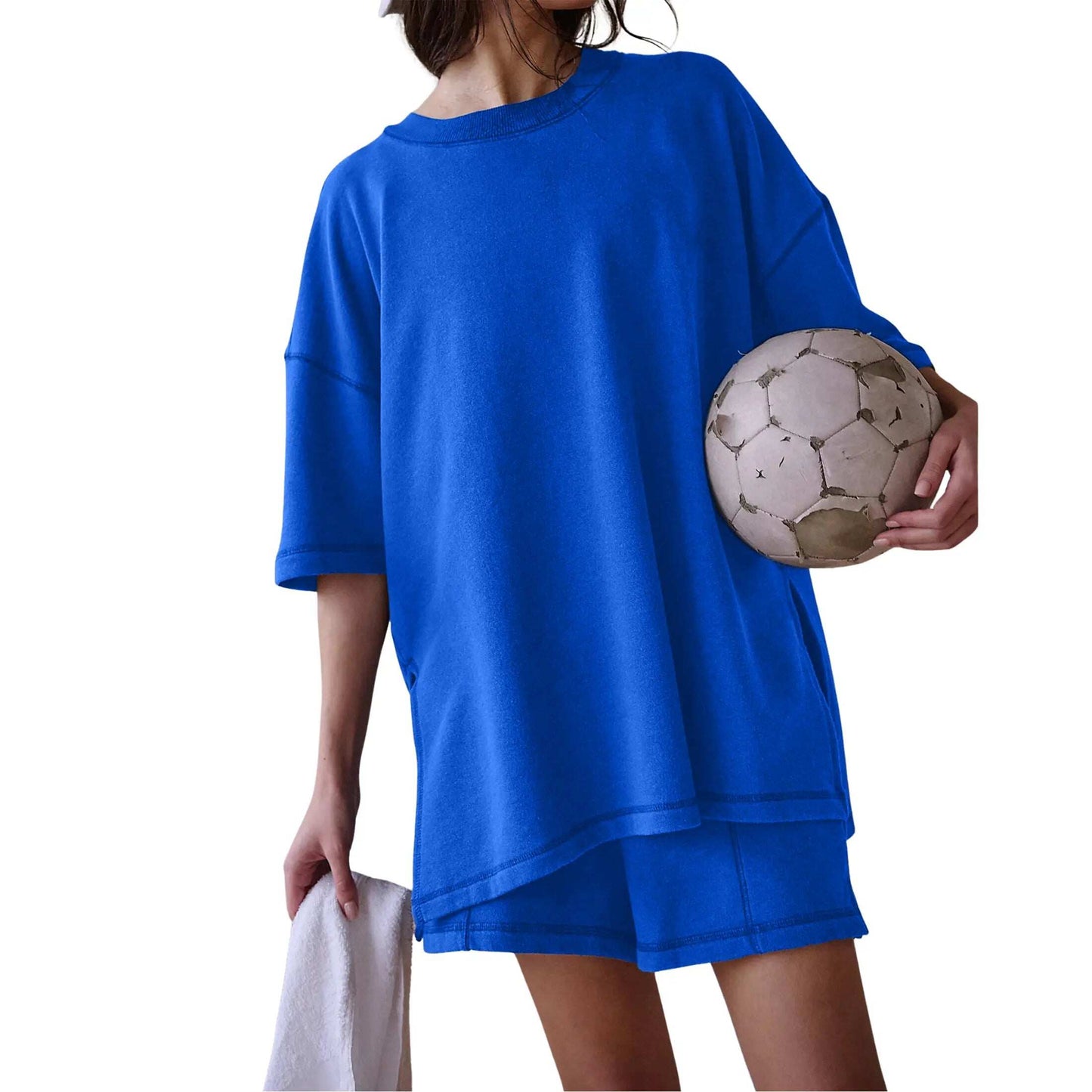 Round Neck Side Split Stitch Loose Top & Matching Shorts Casual Lounge Set