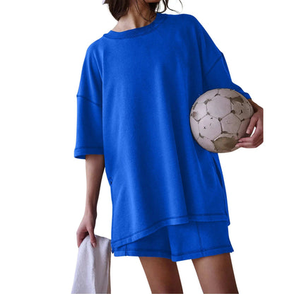 Round Neck Side Split Stitch Loose Top & Matching Shorts Casual Lounge Set