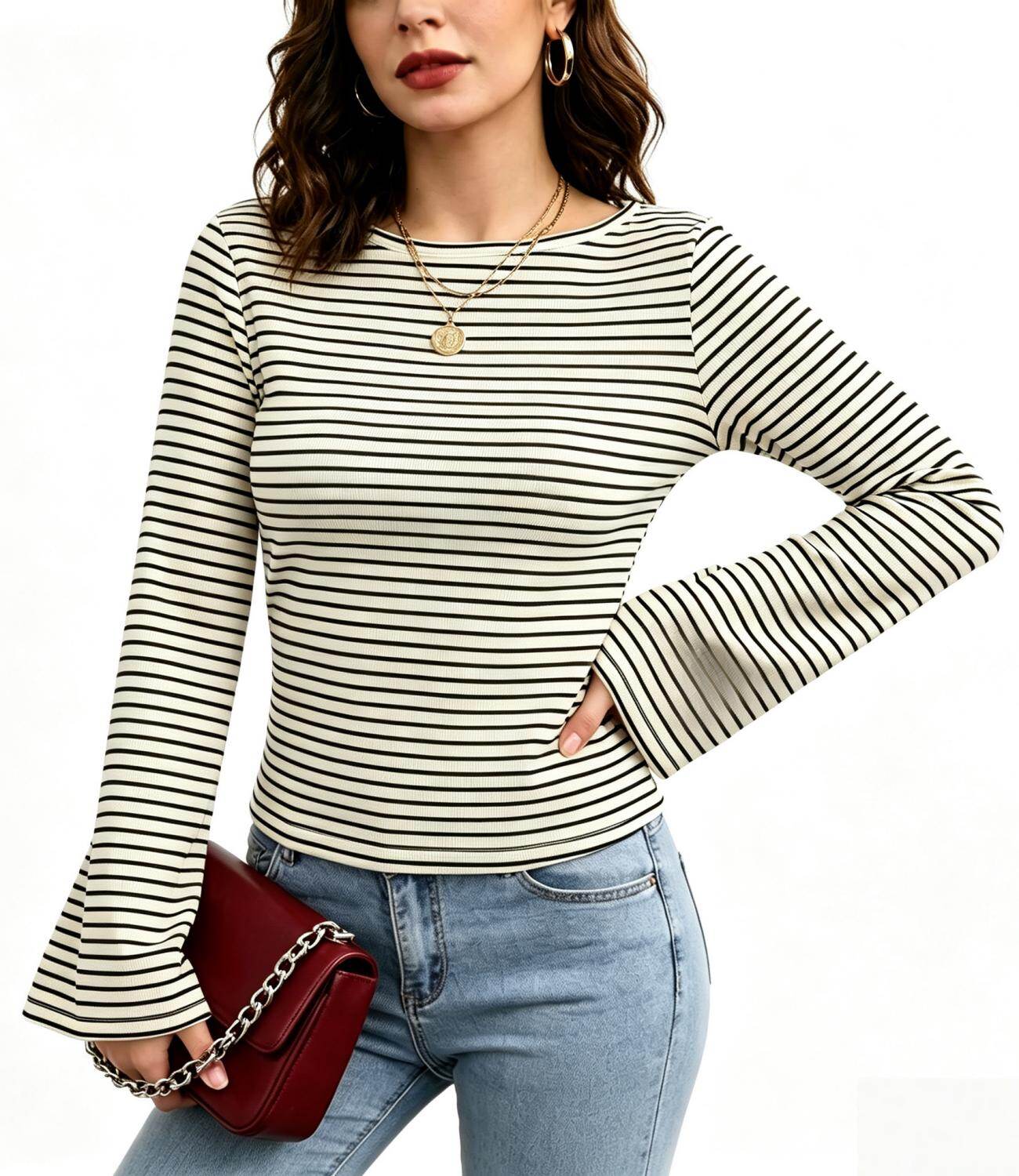 Crew Neck Striped Flare Long Sleeve Ribbed Top