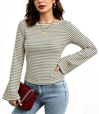 Crew Neck Striped Flare Long Sleeve Ribbed Top