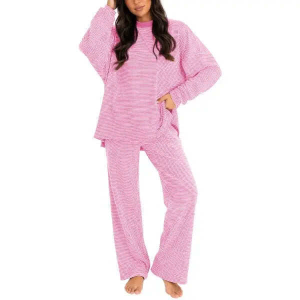 Striped Crew Neck Split Hem Top & Pants Two Piece Set