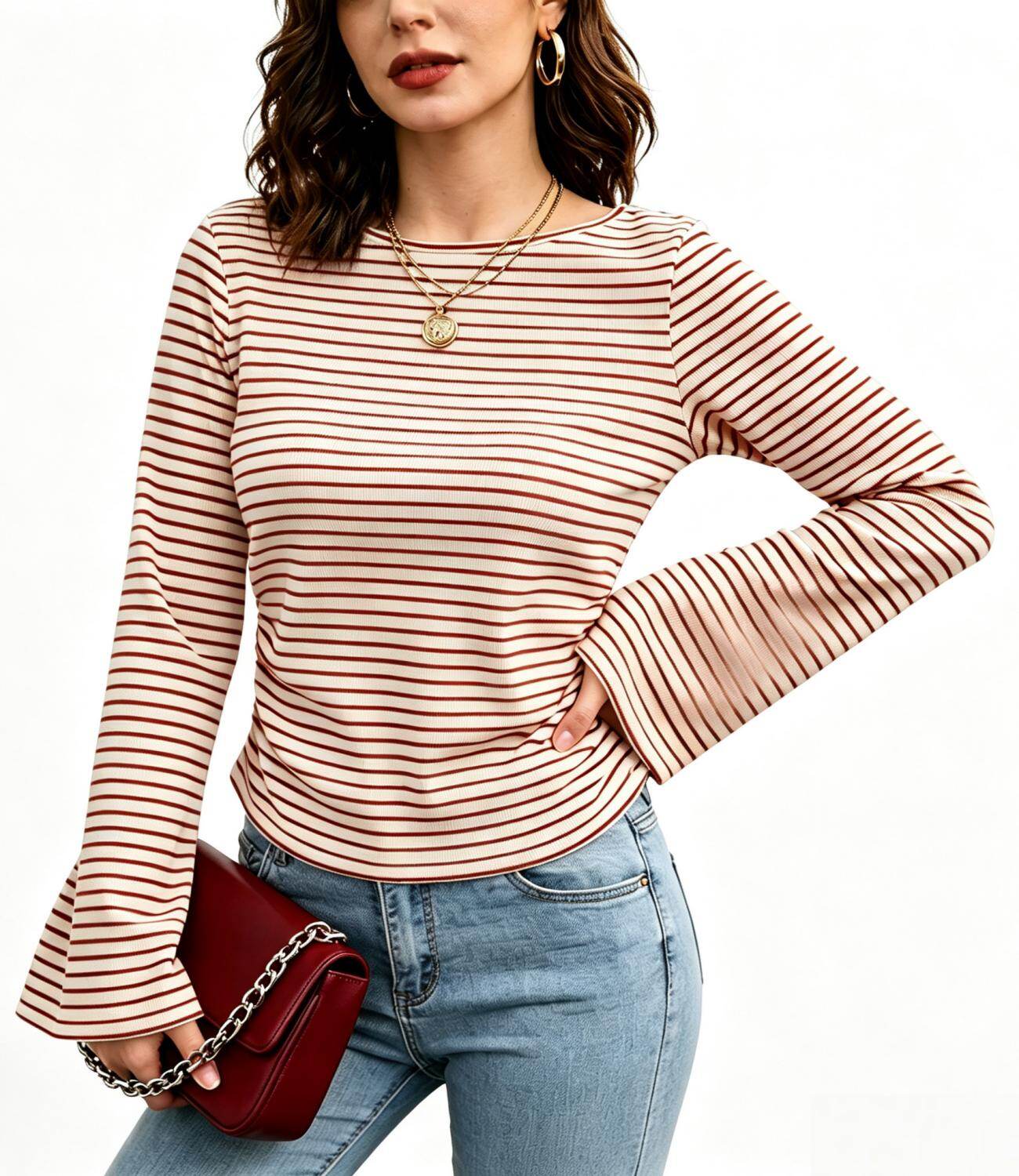 Crew Neck Striped Flare Long Sleeve Ribbed Top