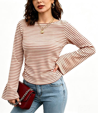 Crew Neck Striped Flare Long Sleeve Ribbed Top