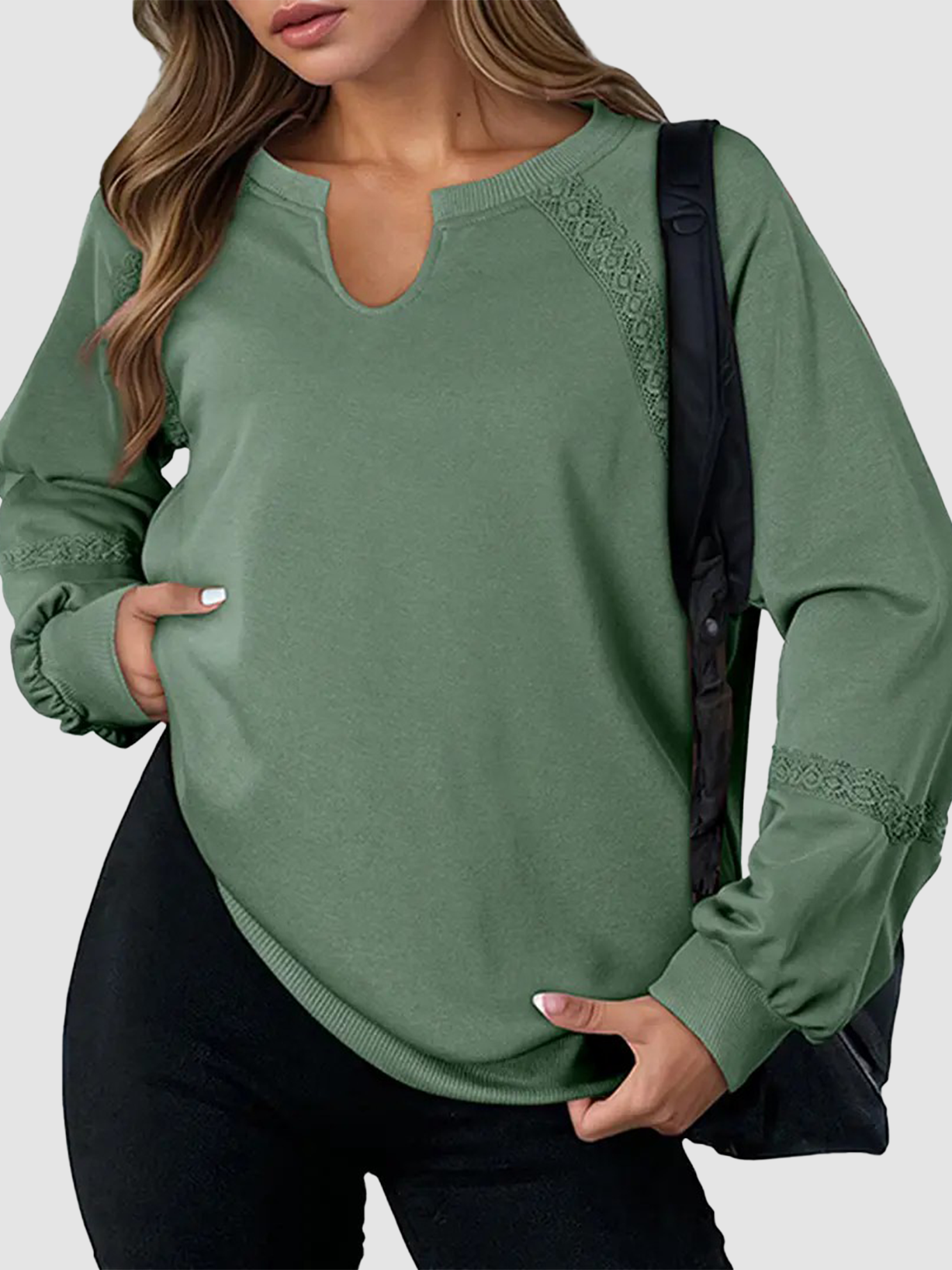 Notch V-Neck Lace Spliced Long Sleeve Sweatshirt