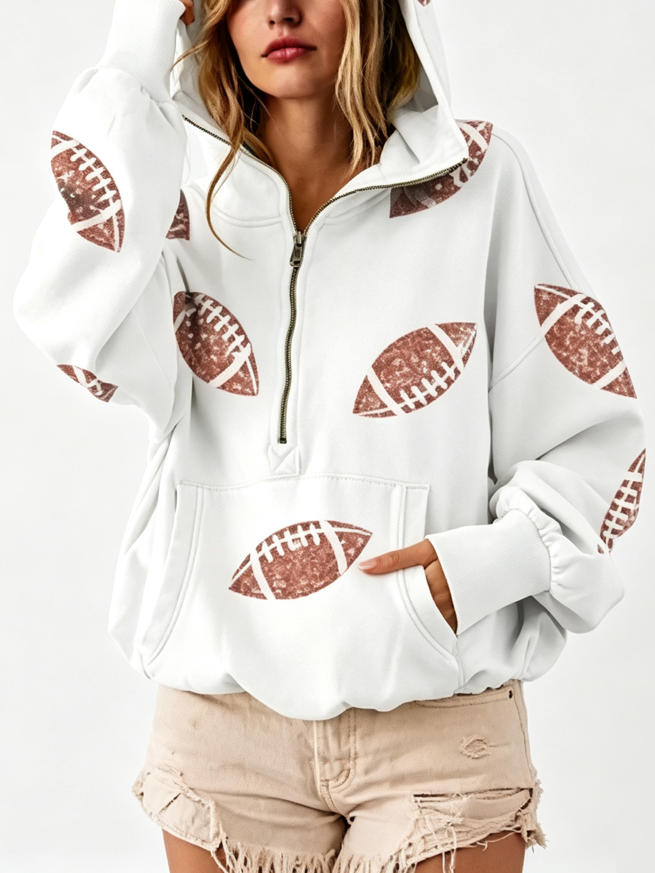 Sequin Football Print Half Zip Oversized Hoodie Game Day Casual Sweatshirt