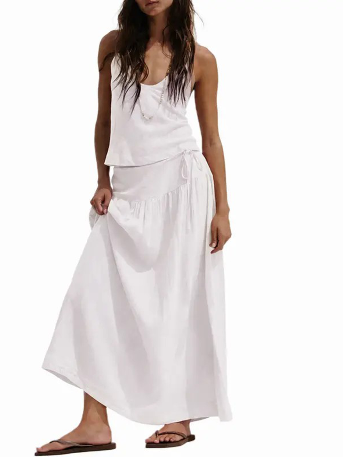 Women Backless Halter 2 Piece Set, Drawstring High Waist Flowy Maxi Skirt Co-ord