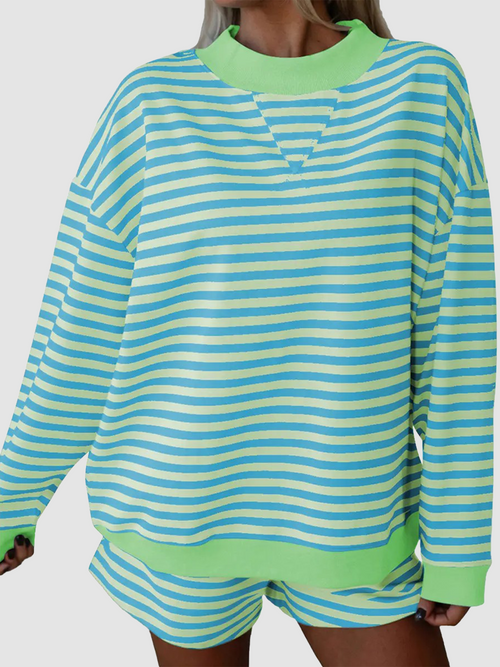 Women Contrast Collar Cuff Striped Long Sleeve Top & Shorts Loungewear Set