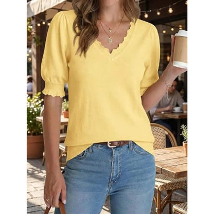 Scalloped V Neck Puff Elbow Sleeve Knit Top