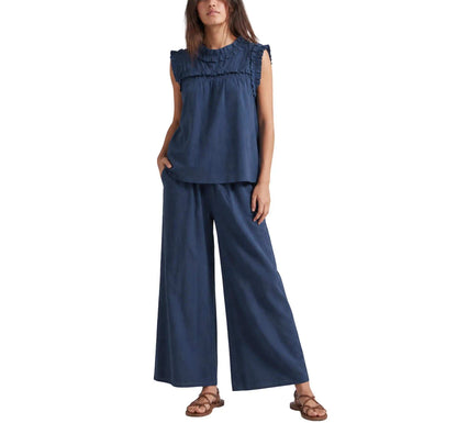 Linen Blend Sleeveless Ruffle Top & Wide Leg Pants Two Piece Outfit Set