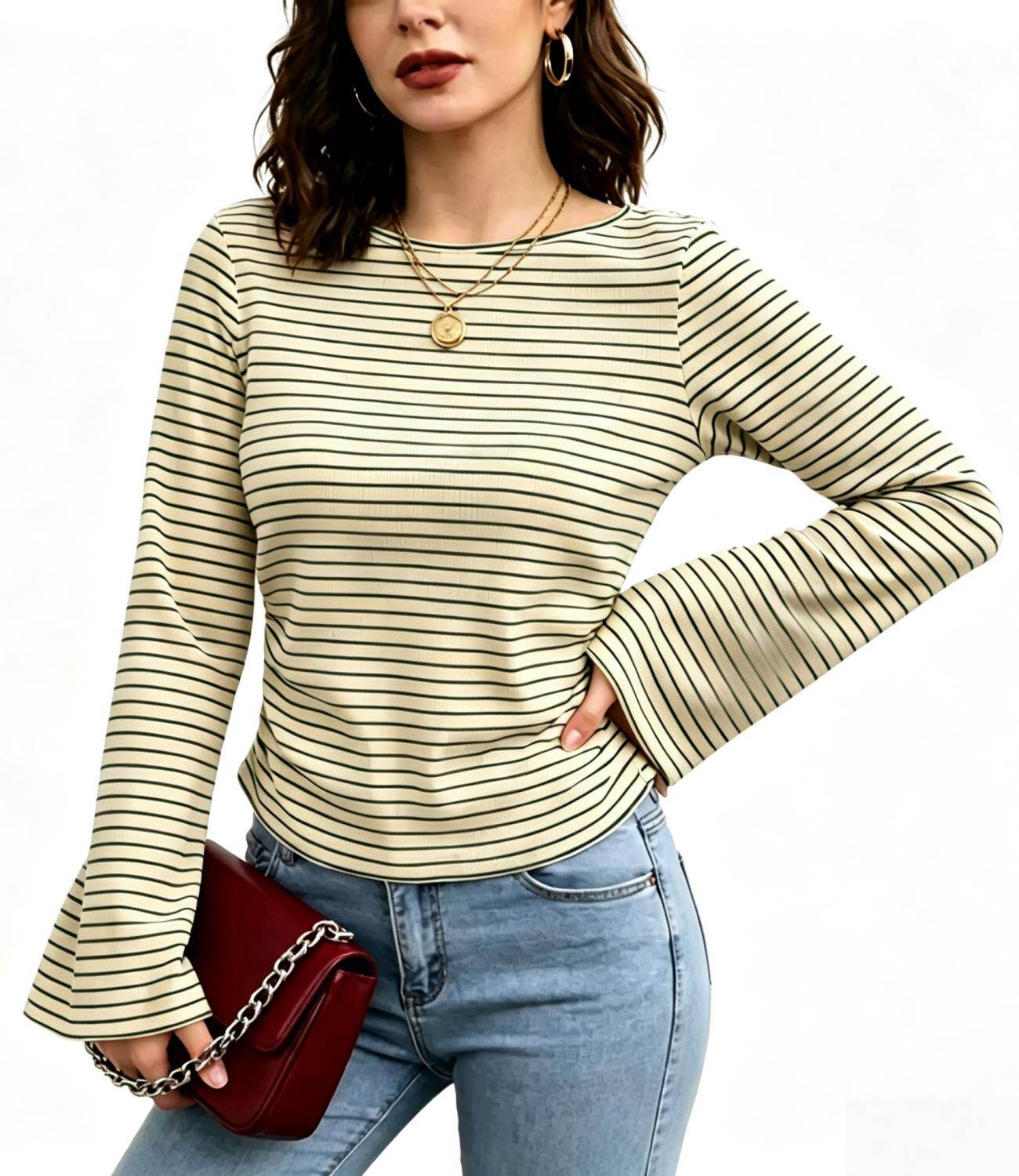 Crew Neck Striped Flare Long Sleeve Ribbed Top