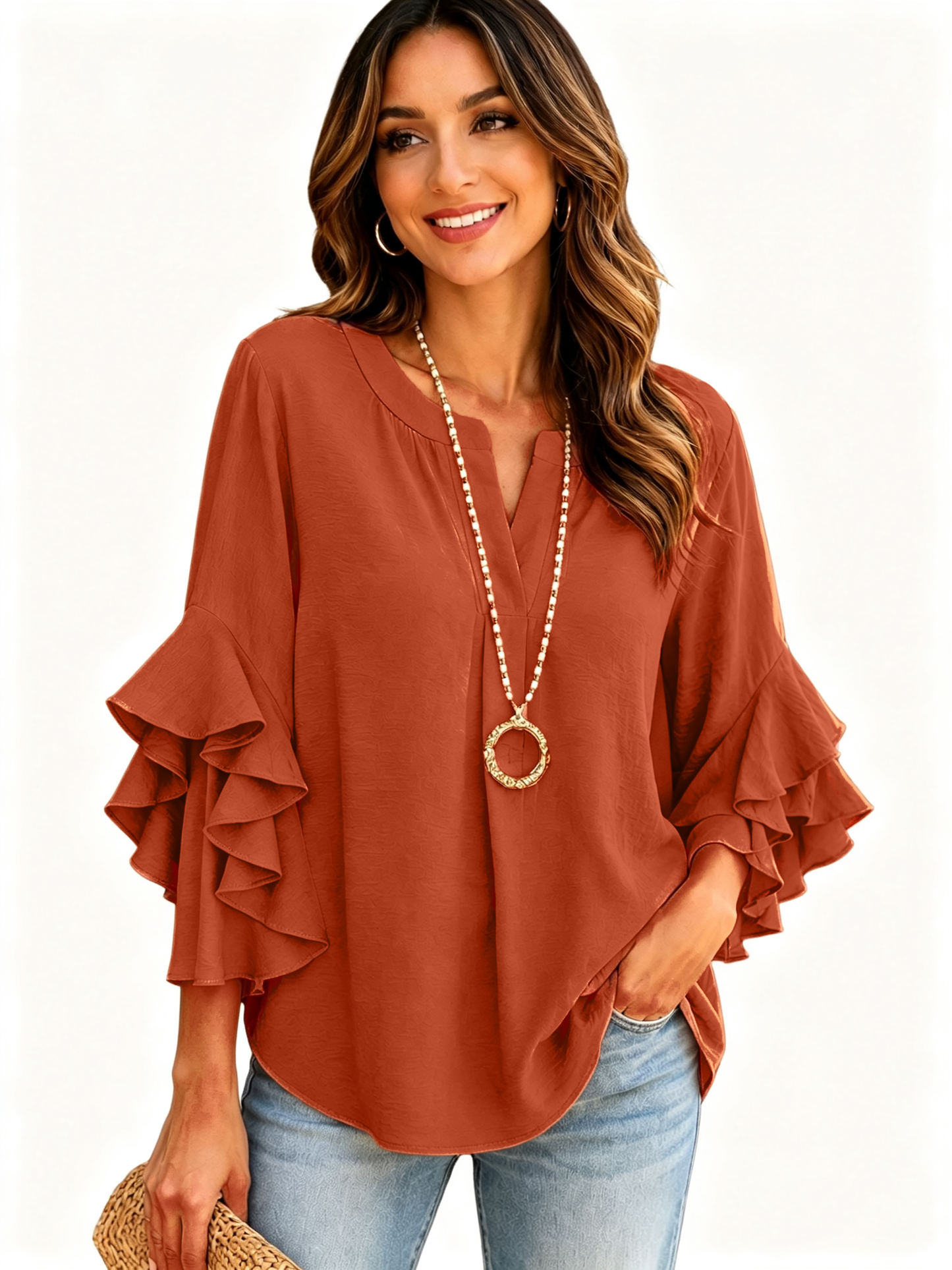 Elegant Ruffle Sleeve V Neck Blouse Solid Versatile Daily Office Shirt