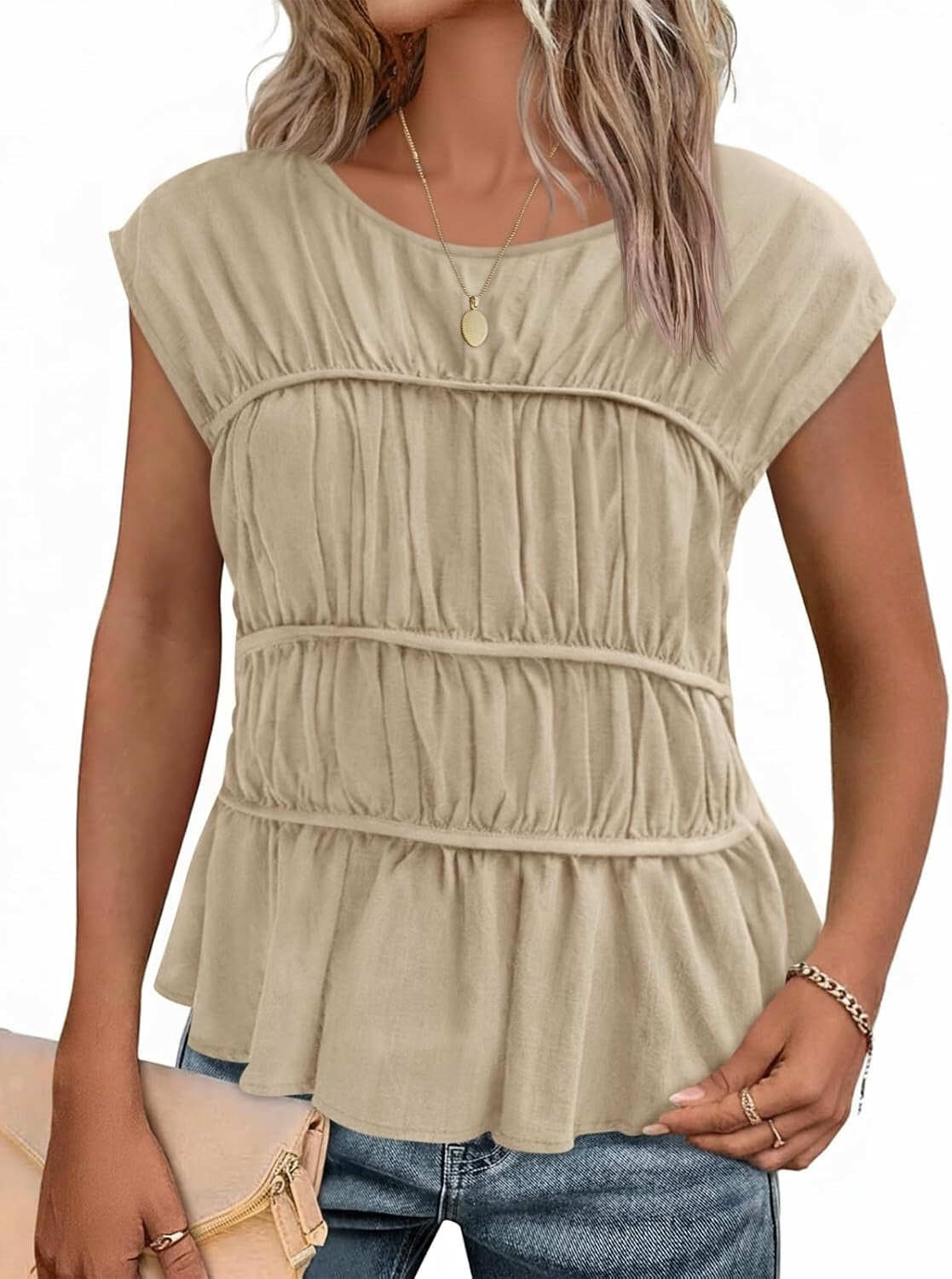 Women Cap Sleeve Smocked Peplum Babydoll Blouse Crew Neck Pleated Casual Top