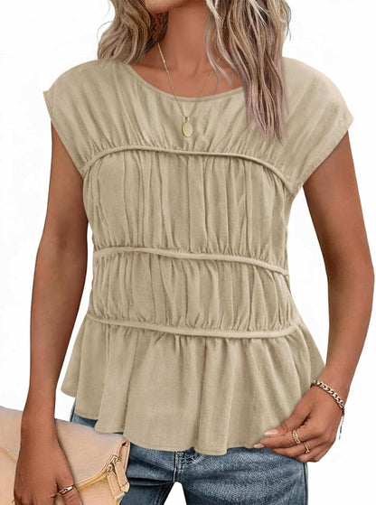 Women Cap Sleeve Smocked Peplum Babydoll Blouse Crew Neck Pleated Casual Top