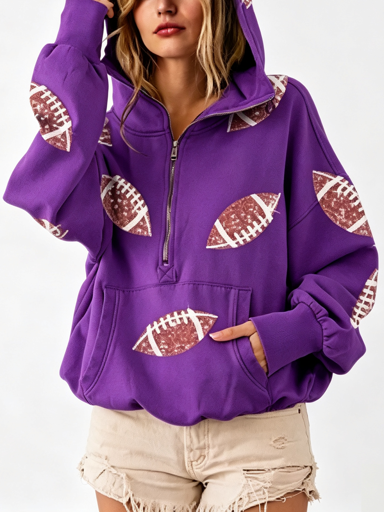Sequin Football Print Half Zip Oversized Hoodie Game Day Casual Sweatshirt