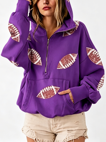 Sequin Football Print Half Zip Oversized Hoodie Game Day Casual Sweatshirt